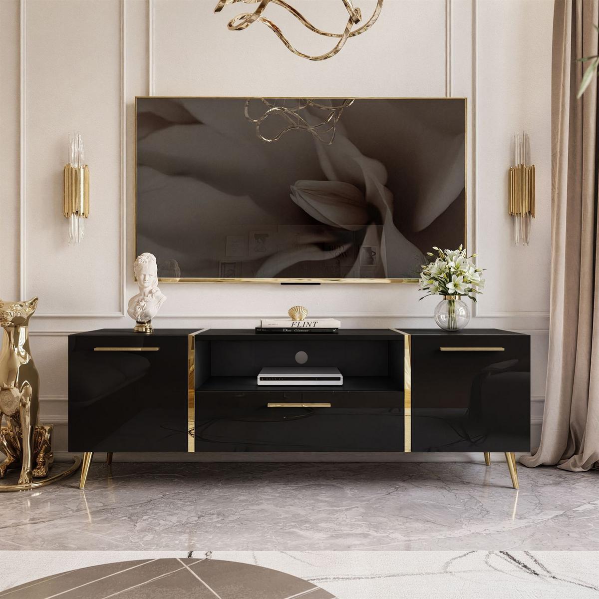 TV-ELEMENT ONYX AUF GOLDENEN BEINEN HOCHGLANZ 158 CM - Schwarz, Holzwerkstoff (158/53/41.3cm) - Lookway