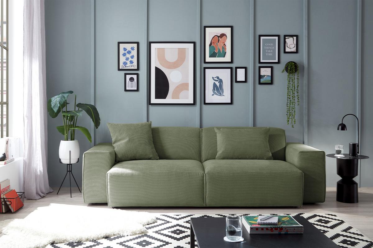 SOFA RANI Grün Cord - Schwarz/Olivgrün, Kunststoff/Textil (256/71/101cm) - KAWOLA