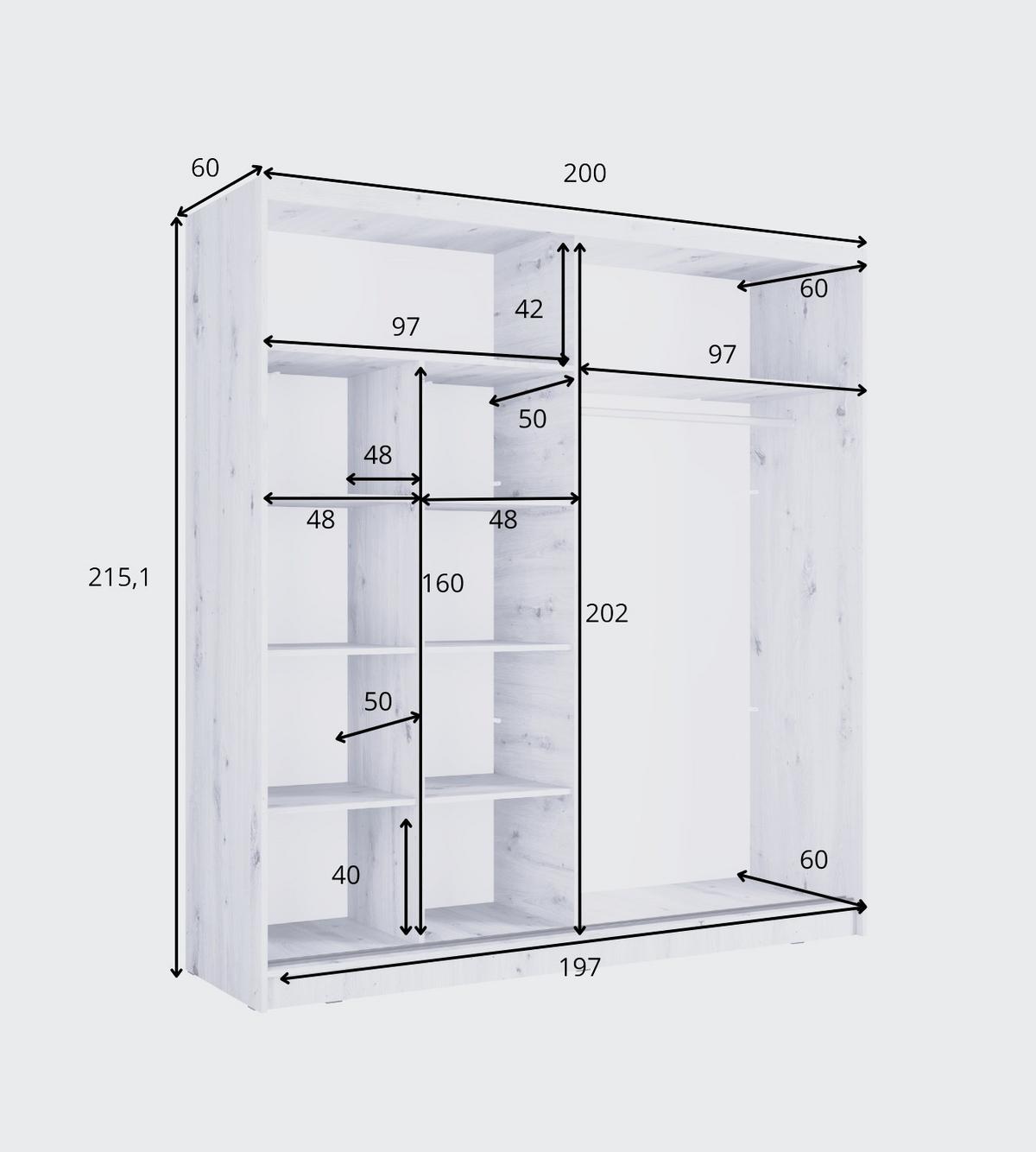 SCHWEBETÜRENSCHRANK VEYDAR 205/215/62cm 2-türig mit Spiegel Weiß - Weiß, Holzwerkstoff (205/215/62cm) - MASSENO