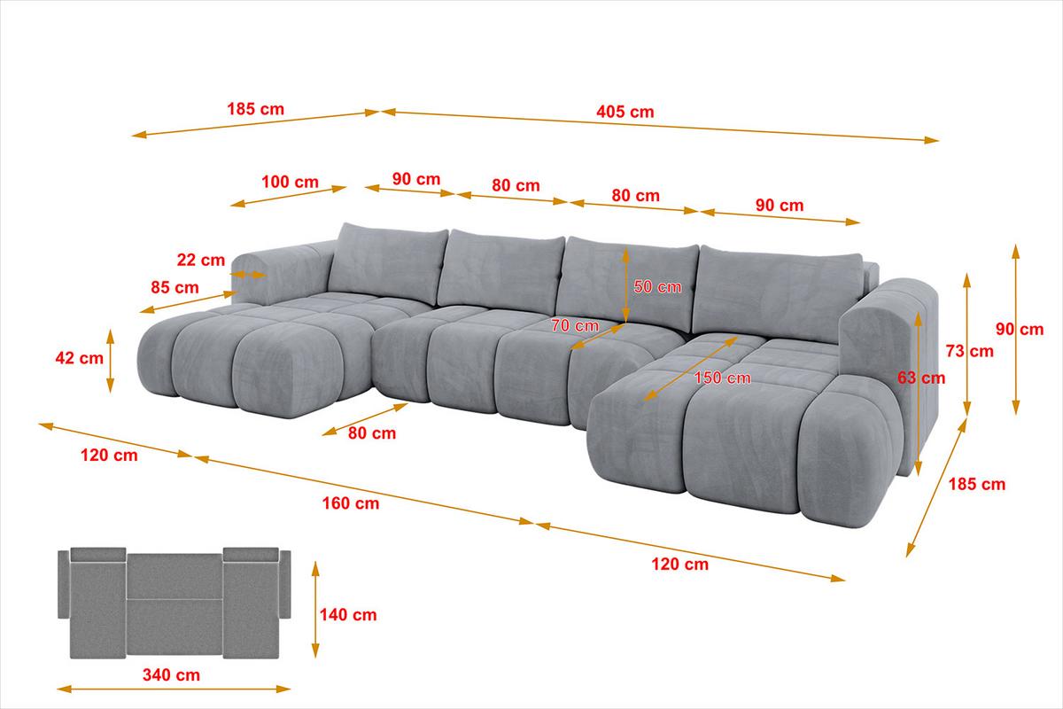 WOHNLANDSCHAFT CLOUD-U 405x185x90 Hellgrau Velours - Hellgrau, Holzwerkstoff/Kunststoff (405/90/185cm) - ALTDECOR