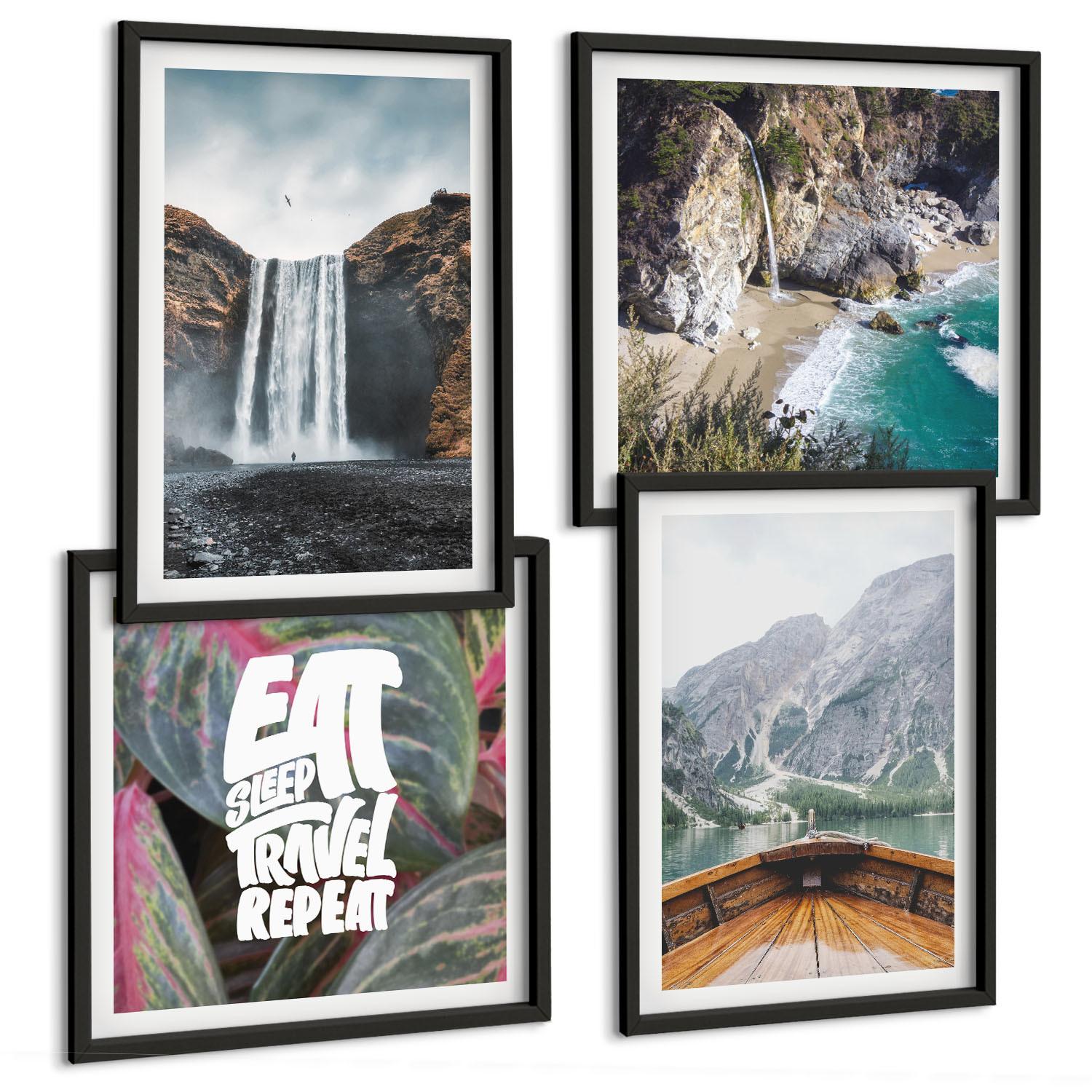 BILDER SET 4er Set - 50x50 cm & 40x60 cm Schwarzer Rahmen - Wasserfall Bergreise Natur - Schwarz, Kunststoff (50/50cm) - TULUP