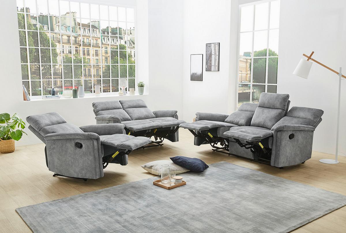 3-SITZER-RELAXSOFA Federkern, Liegefunktion verstellbar durch halbautomatische Relaxfunktion B180/T90/H100 cm, Velours Vintage Grau / 15128 - Hellgrau/Schwarz, Textil (180/100/90cm) - luma-home