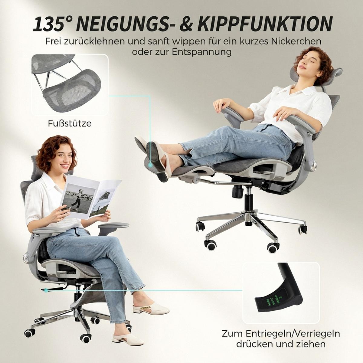 BÜROSTUHL Mesh 100 Polyester Grau - Silberfarben/Grau, Kunststoff/Textil (67/132/74cm) - HOMCOM