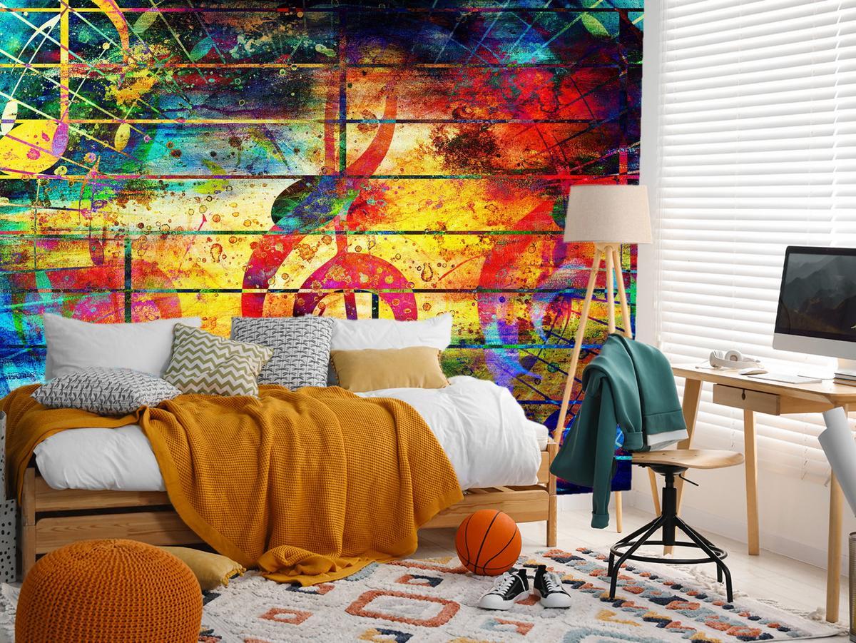 FOTOTAPETE für Jugendzimmer Bunte Abstrakte MUSIC Graffiti NOTEN 300x210 - Türkis/Gelb, Papier (300/210cm) - Muralo