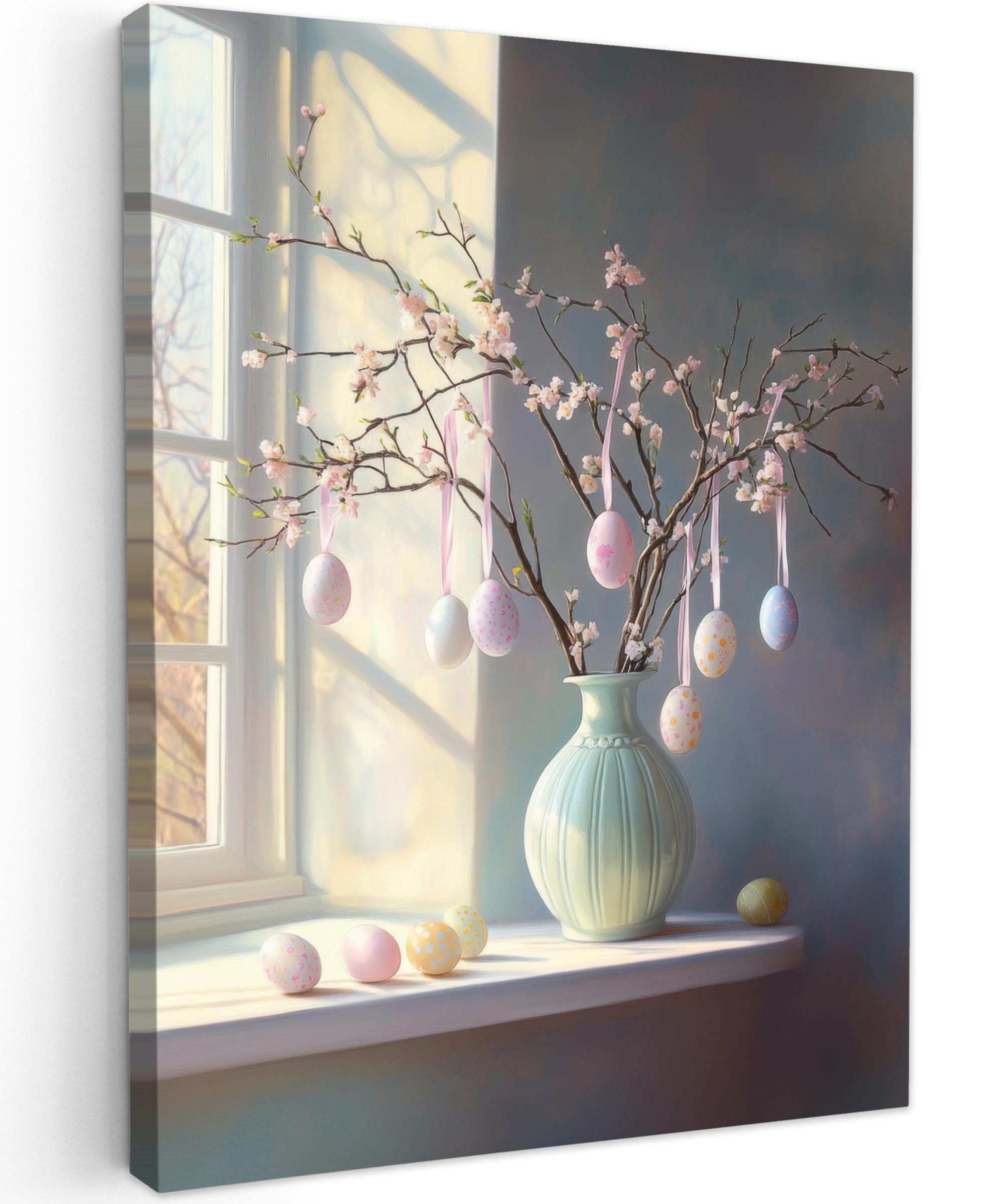 LEINWANDBILD Stillleben - Vase - Osterzweig Wandbild Wohnzimmer 60x80 cm - Hellblau, Textil (60/80cm) - MuchoWow
