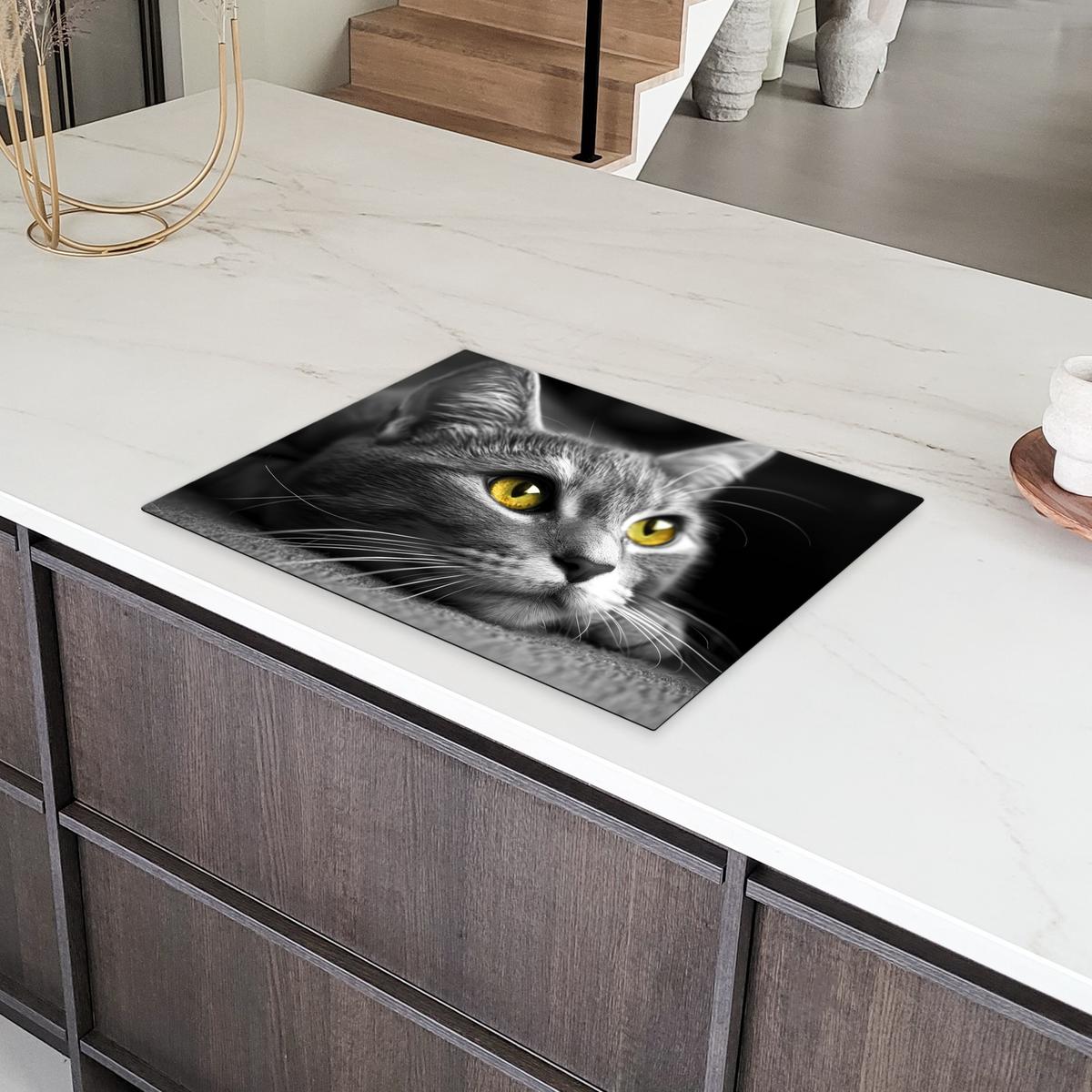 HERDABDECKPLATTE Katze - Grau - Tiere - Katze Herdabdeckung Induktionsfeld 70x52 cm - Grau, Kunststoff (70/52/0.2cm) - MuchoWow