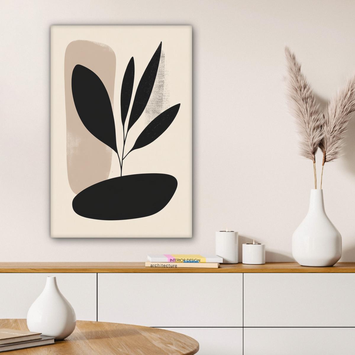 LEINWANDBILD Pflanze - Beige - Japanisch Wanddeko 40x60 cm - Schwarz, Textil (40/60cm) - MuchoWow