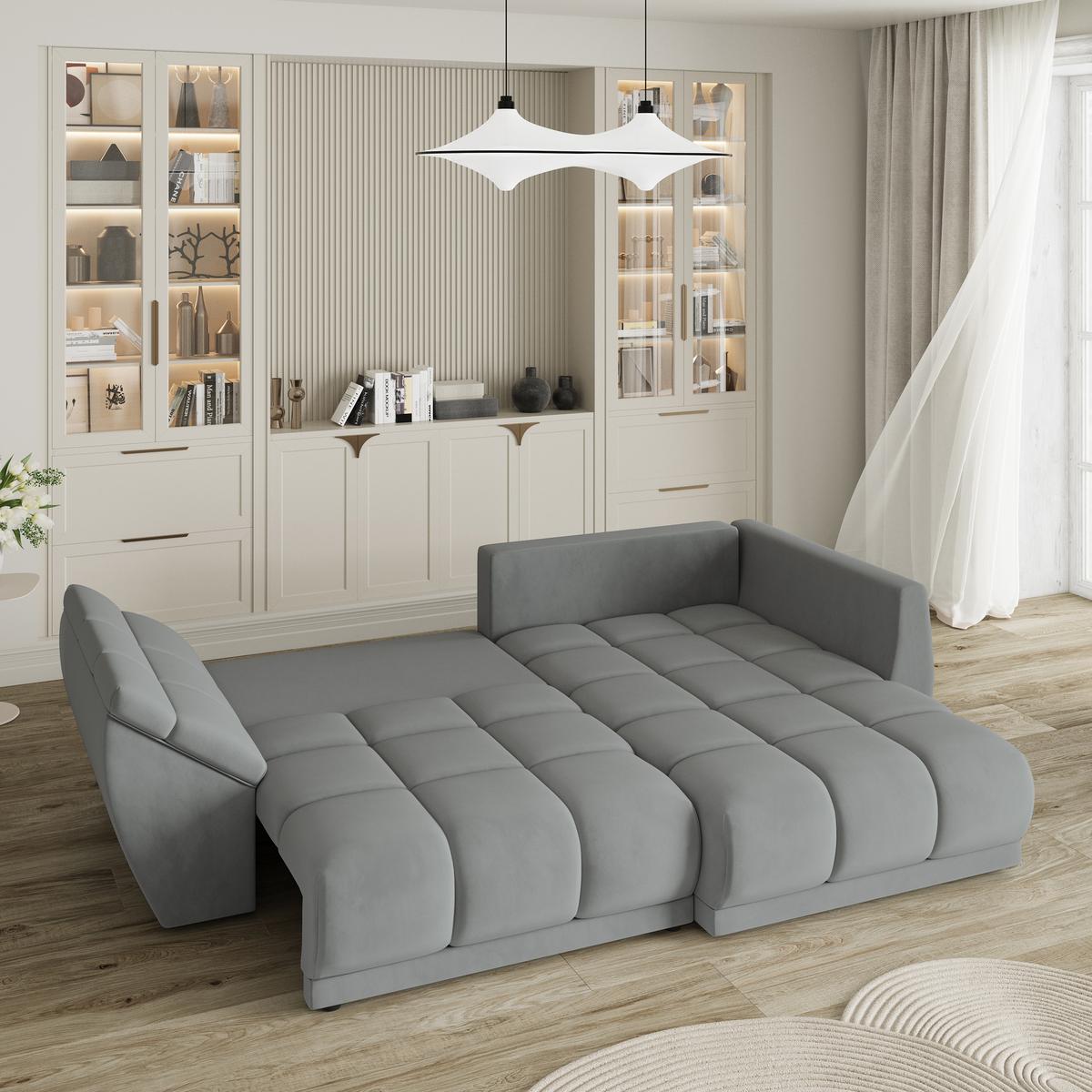 ECKSOFA ORENTI R-S Grau Velours-Stoff mit Schlaffunktion - Grau, Holz (287/182cm) - MASSENO