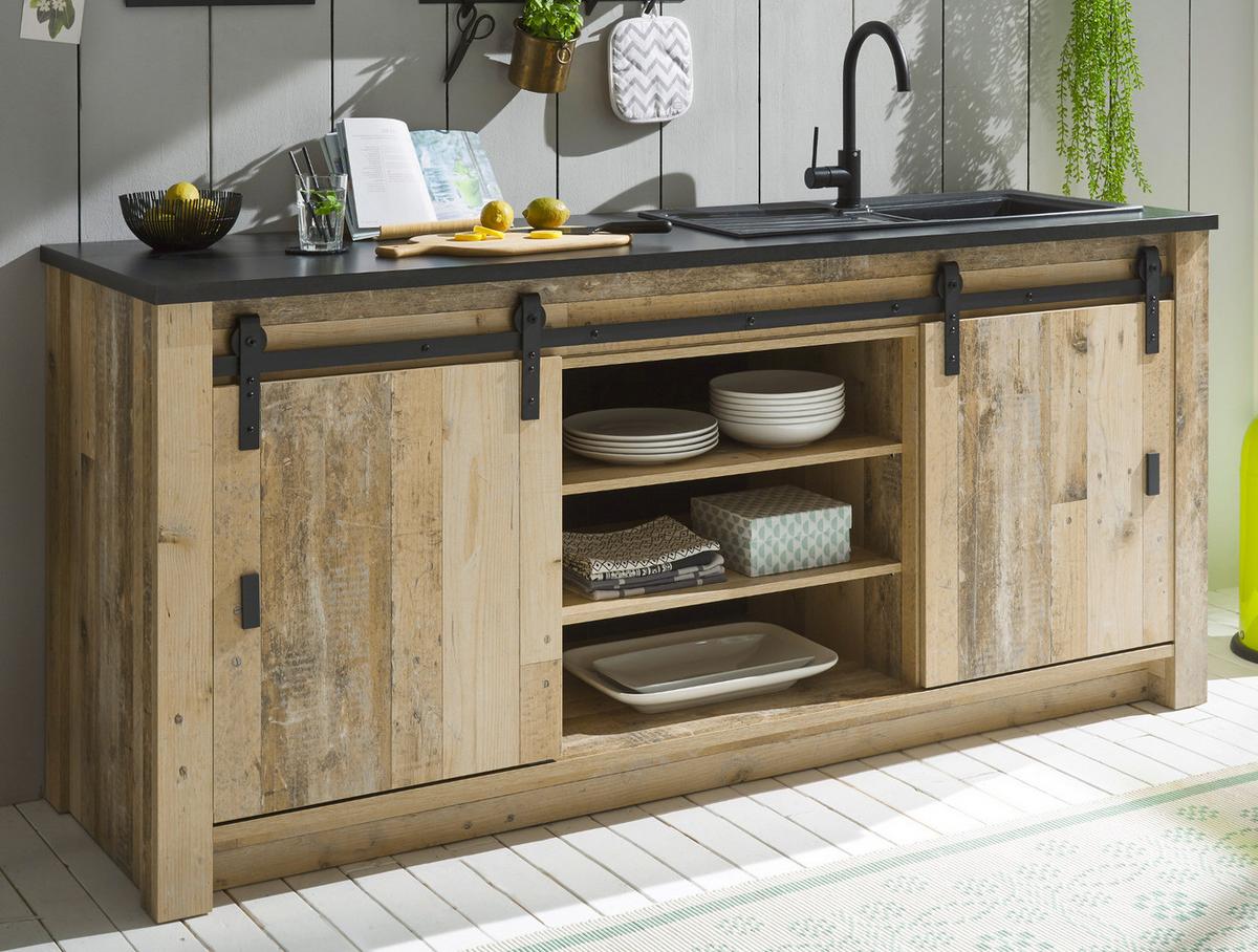 KÜCHENSCHRANK used wood hell, anthrazit 201 cm, Unterschrank für Spüle oder Kochfeld - Anthrazit/Schwarz, Holzwerkstoff/Metall (201/93/64cm) - Furn.Design