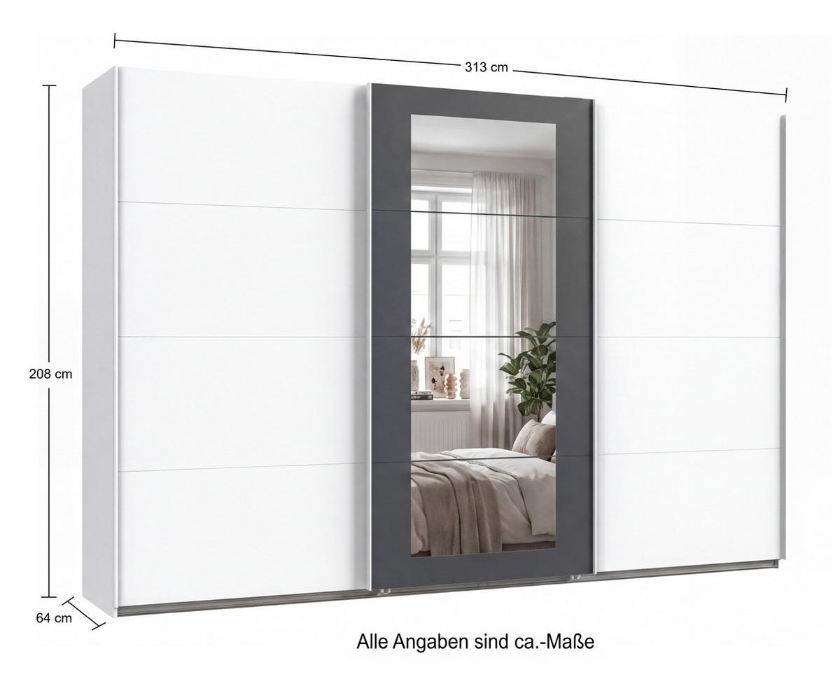 SCHWEBETÜRENSCHRANK 3-türig B313/H208/64 cm Kleiderschrank in Weiß, Spiegel umrahmt in Grafit, Griffe Weiß / 22632 - Graphitfarben/Weiß, Holzwerkstoff/Metall (313/208/64cm) - luma-home