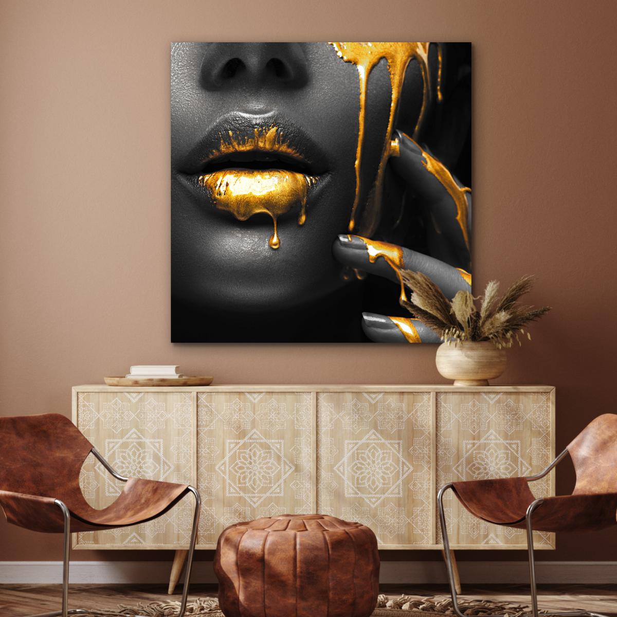 METALLBILD Frau - Schwarz - Gold - Gesicht - Lippen 90x90 cm - Goldfarben, Metall (90/90cm) - MuchoWow