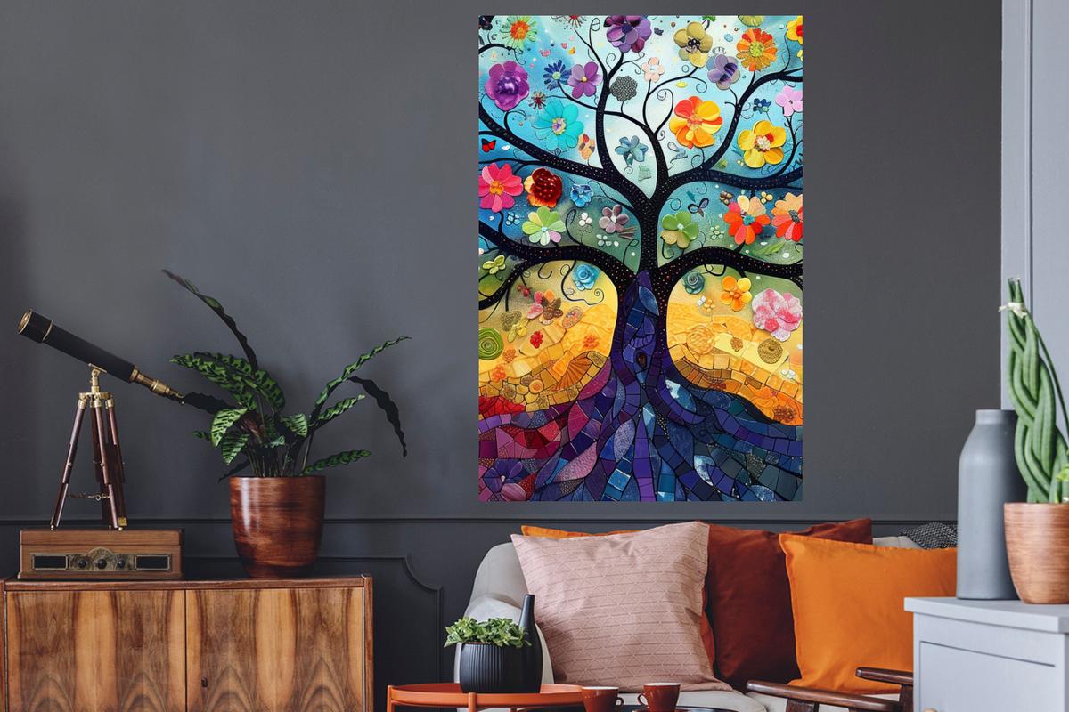 WANDTATTOO Kunst - Baum des Lebens - Blumen - Hippie Wandaufkleber 80x120 cm - Dunkelblau, Kunststoff (80/120/0.1cm) - MuchoWow