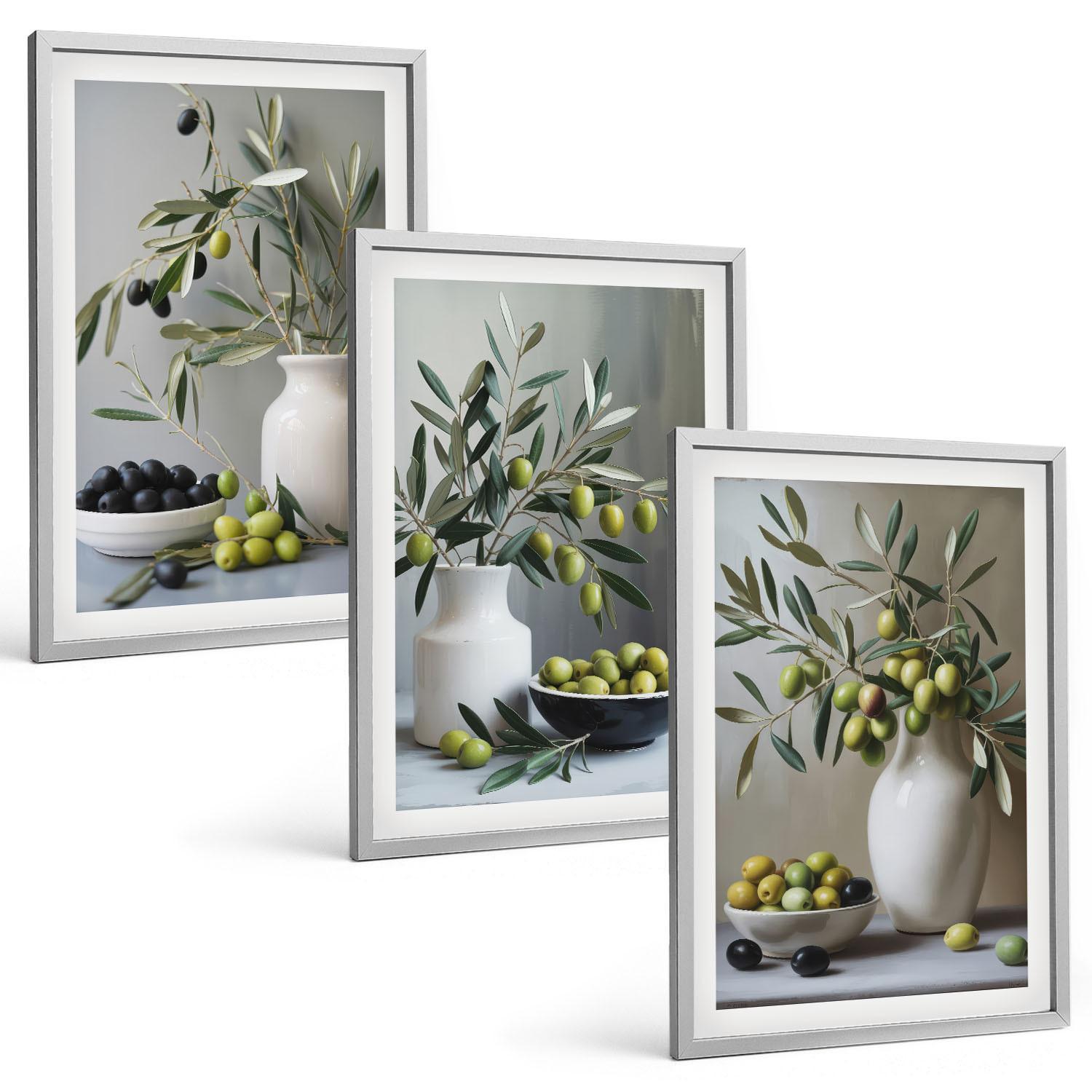 BILDER SET 3er Set - 40x60 cm Silberner Rahmen - Oliven in grauen Vasen - Silberfarben, Kunststoff (40/60cm) - TULUP