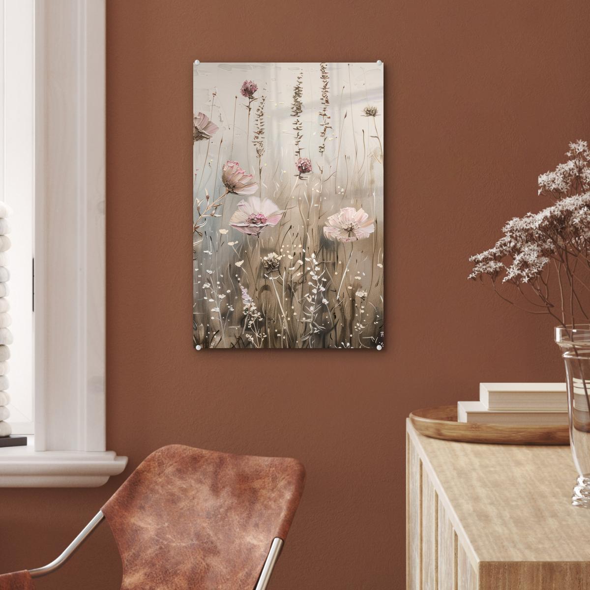 ACRYLGLASBILD Blumen - Rosa - Modern - Beige Wanddeko Wohnzimmer 40x60 cm - Beige, Glas (40/60cm) - MuchoWow