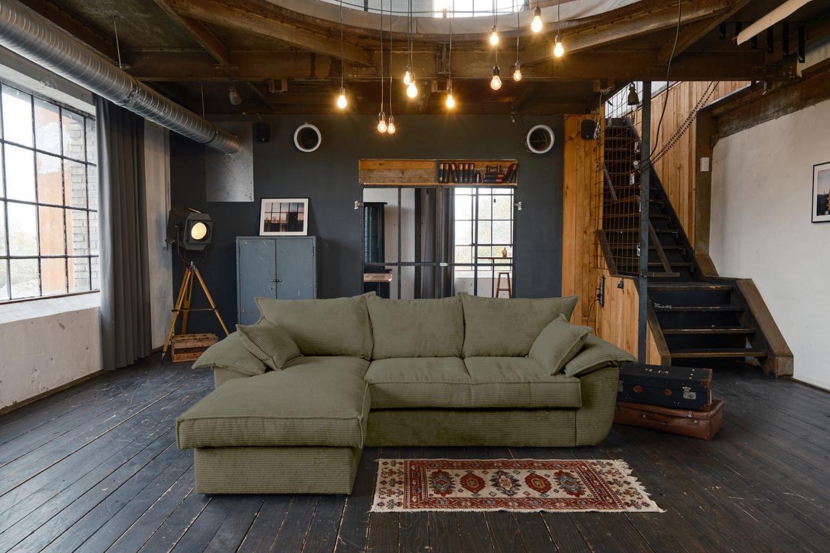 ECKSOFA DAMETO Grün Cord Mit Schlaffunktion - Schwarz/Olivgrün, Kunststoff/Textil (266/174cm) - KAWOLA