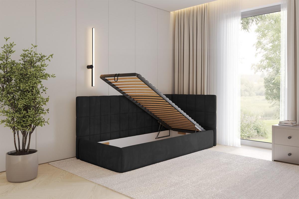EINZELLBETT Jugendbett mit Bettkasten, Links - TULY 100x200 Schwarz - Schwarz, Holzwerkstoff/Textil (100/200cm) - ALTDECOR
