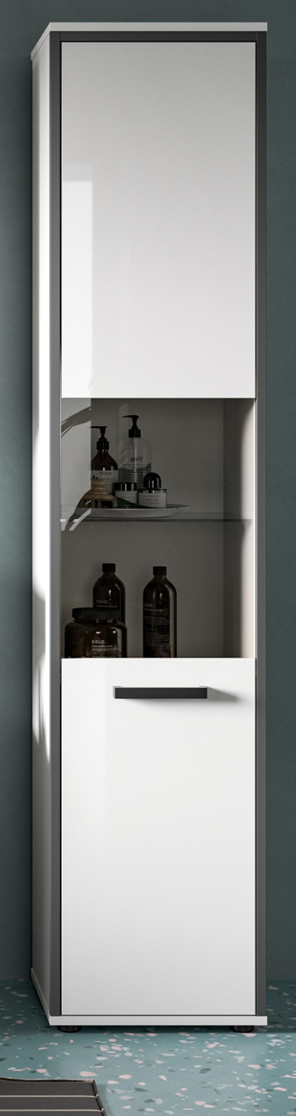 HOCHSCHRANK weiß Hochglanz, grau 40 x 185 cm, Badschrank mit 6 Fächern - Weiß Hochglanz/Schwarz, Glas/Holzwerkstoff (40/188/34cm) - Inn.Furn
