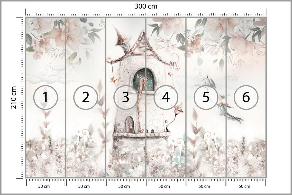 FOTOTAPETE für Kinderzimmer Prinzessin Turm Blumen Pflanzen 300x210 - Multicolor, Papier (300/210cm) - Muralo