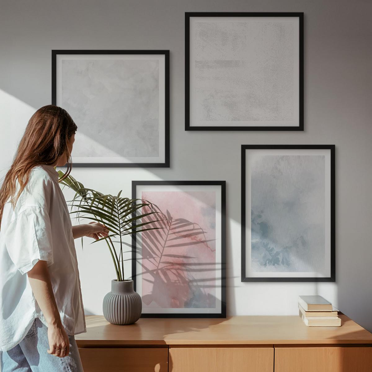 BILDER SET 4er Set - 50x50 cm & 40x60 cm Schwarzer Rahmen - Pastellfarbene Aquarelltexturen - Schwarz, Kunststoff (50/50cm) - TULUP