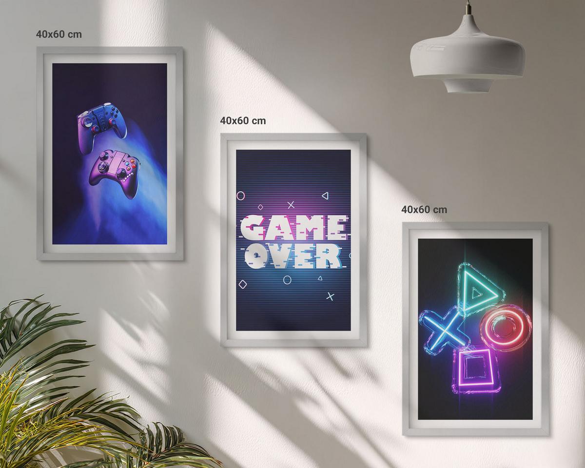 BILDER SET 3er Set - 40x60 cm Silberner Rahmen - Game Over Gamepads - Silberfarben, Kunststoff (40/60cm) - TULUP