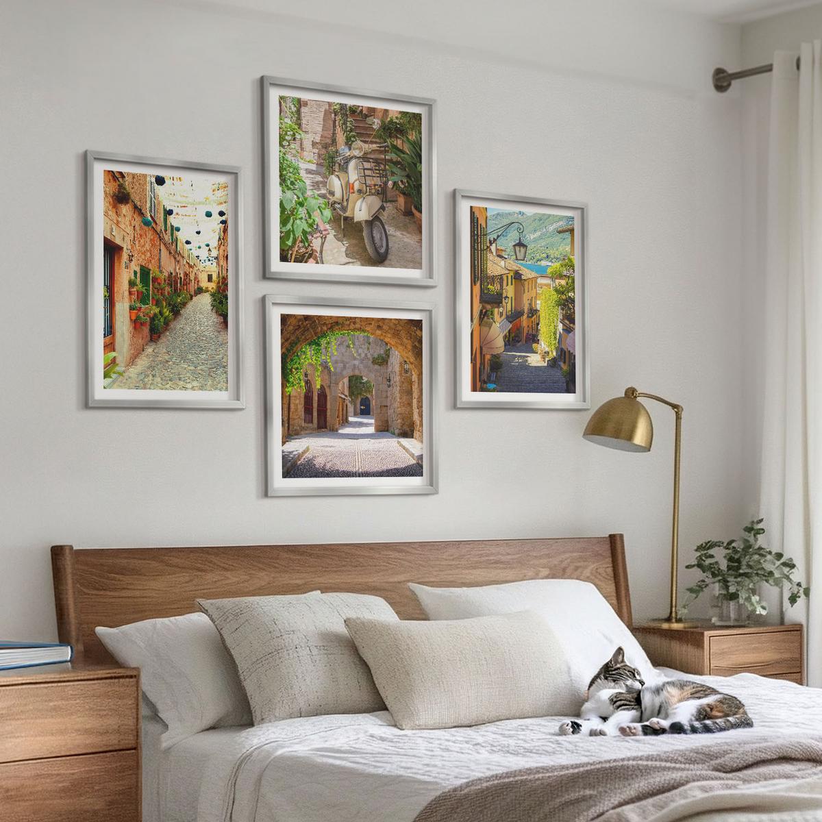 BILDER SET 4er Set - 50x50 cm & 40x60 cm Silberner Rahmen - Charmante Straßen und Pizza - Silberfarben, Kunststoff (50/50cm) - TULUP