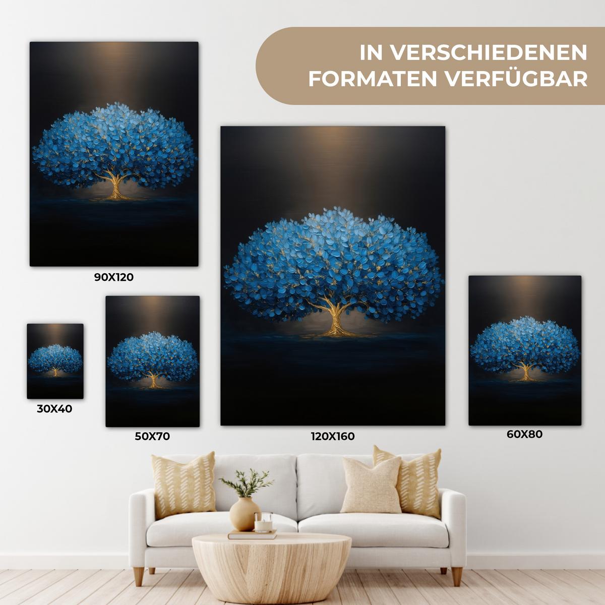 LEINWANDBILD Baum - Blau - Blätter - Pinselstriche Wandbild Wohnzimmer 60x80 cm - Blau, Textil (60/80cm) - MuchoWow