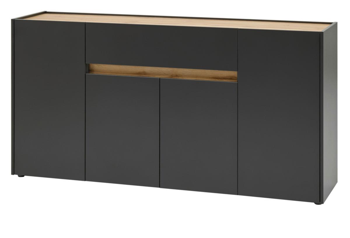 SIDEBOARD grau matt, Eiche Wotan 170 x 87 cm, Kommode 4-türig - Eiche Wotan/Schwarz, Holzwerkstoff/Kunststoff (170/87/40cm) - Furn.Design