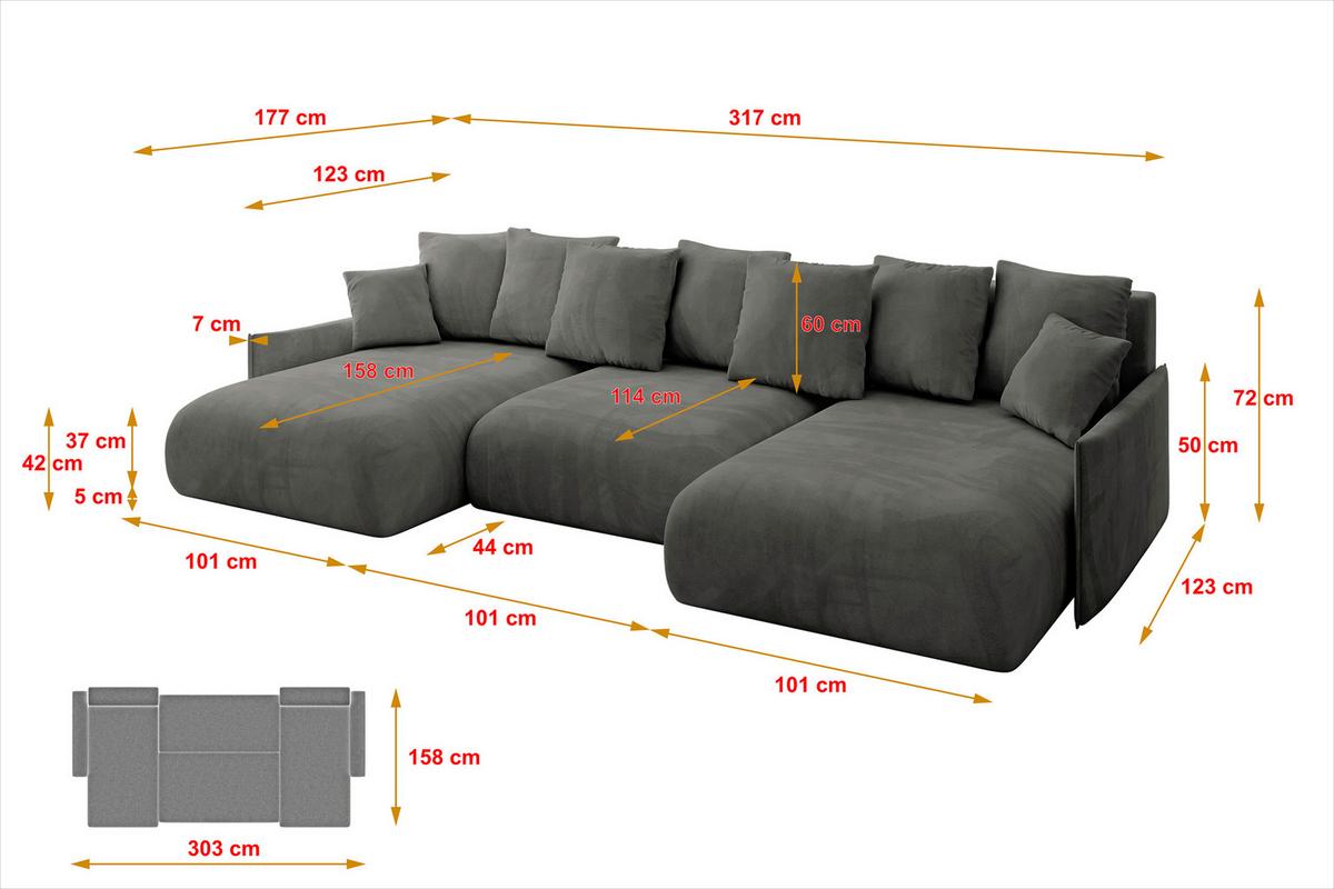 WOHNLANDSCHAFT mit Schlaffunktion und Bettkasten ONESK-U-v1 317x177x72 Dunkelgrau Velours - Anthrazit, Holzwerkstoff/Kunststoff (317/72/177cm) - ALTDECOR