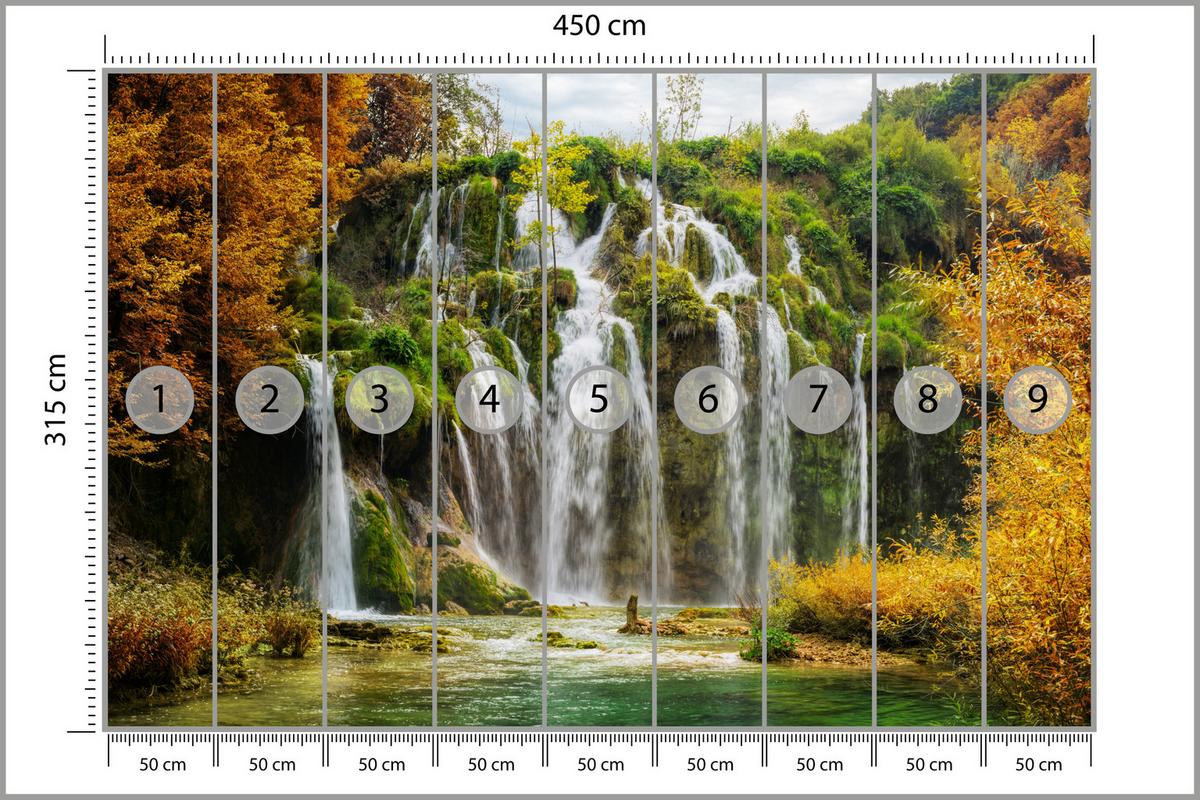 FOTOTAPETE für Esszimmer Exotischer Wasserfall Herbstbaum 450x315 - Gelb/Beige, Papier (450/315cm) - Muralo