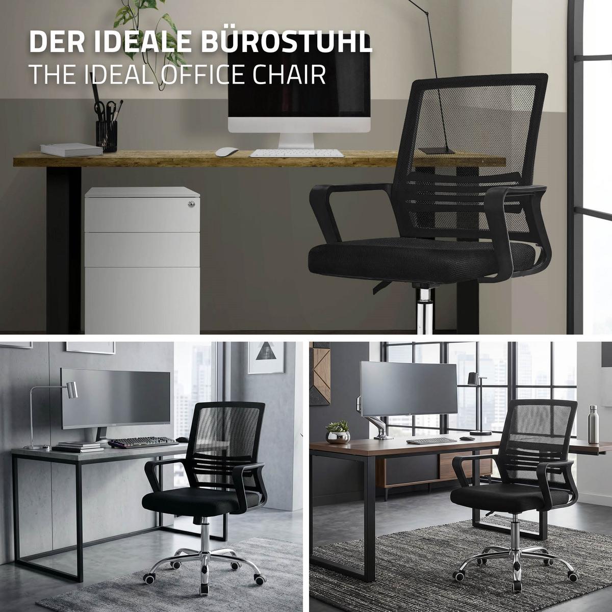 BÜROSTUHL ergonomisch Schwarz mit Netz-Rückenlehne und Stahlgestell - Chromfarben/Schwarz, Kunststoff/Textil (59/100/58cm) - ML-DESIGN