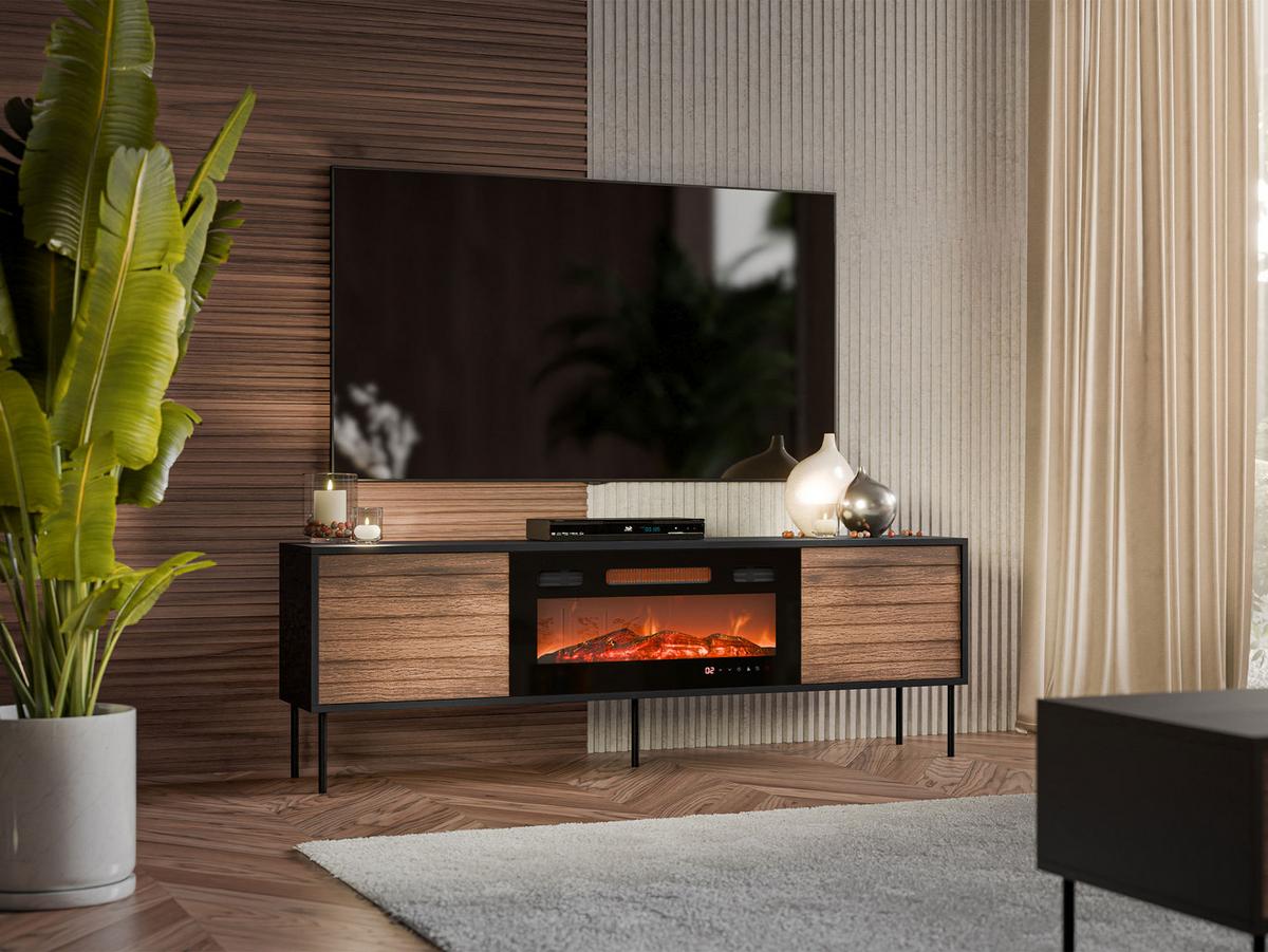 TV-LOWBOARD Cortina 180 mit Elektrische Kamin - Schwarz/Braun, Holzwerkstoff/Metall (180/60/40cm) - MIRJAN24