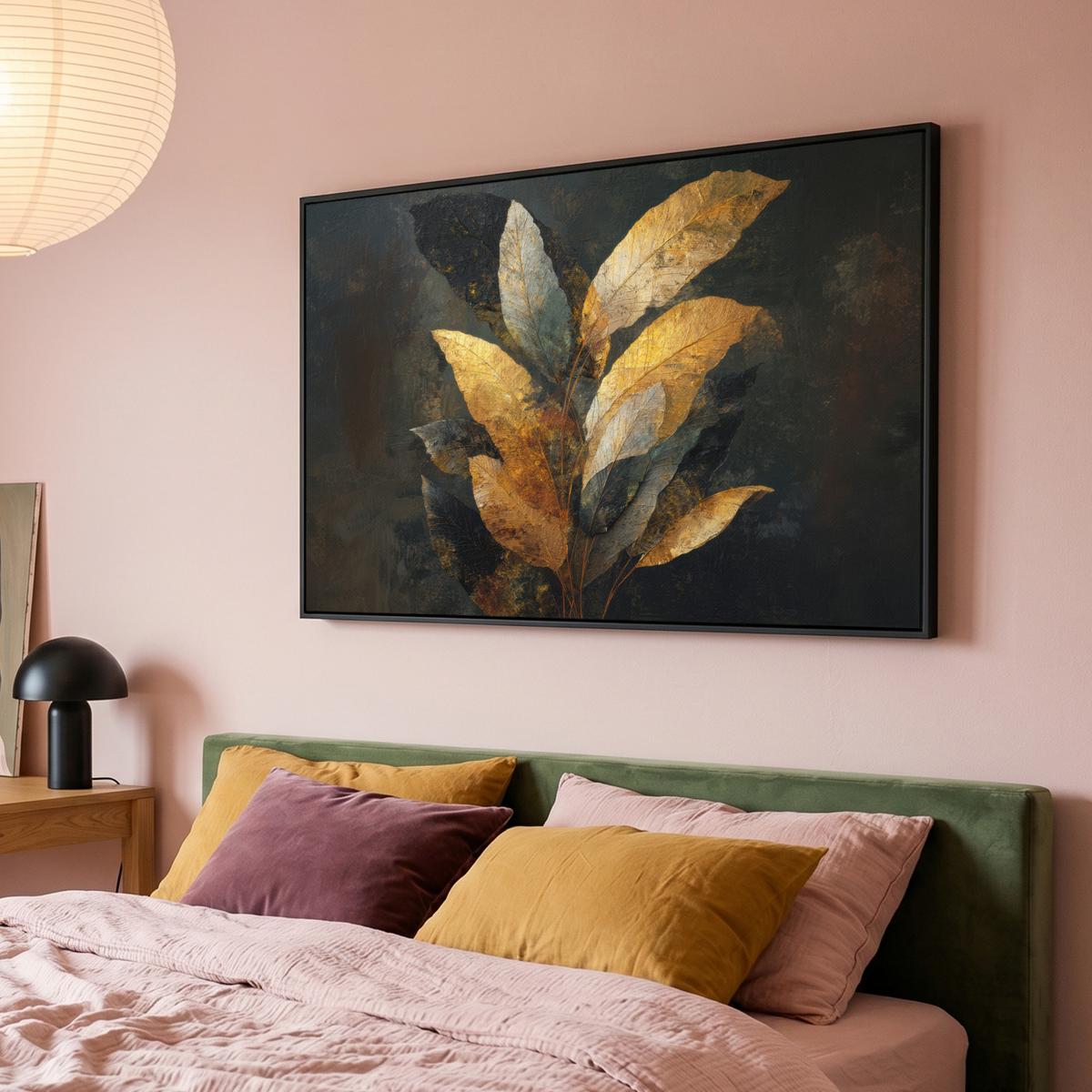 LEINWAND Bilder mit Rahmen - Golden Leaf Komposition - Botanical Luxury - 140x90 - Goldfarben, Textil (140/90cm) - MuchoWow