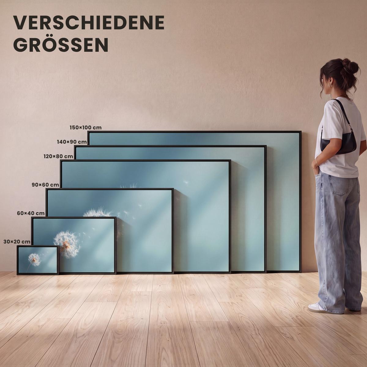 LEINWAND Bilder mit Rahmen - Löwenzahn - Wind - Blau - 90x60 - Blaugrau, Textil (90/60cm) - MuchoWow