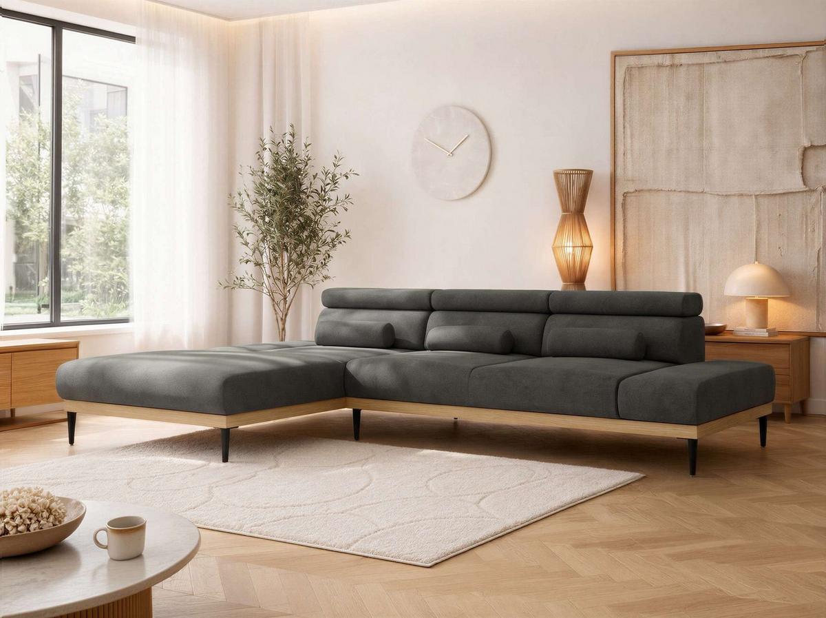 ECKSOFA PAVERO L - Dunkelgrau Velvet - Links Seite - Dunkelgrau/Schwarz, Textil/Metall (205/316cm) - MKS