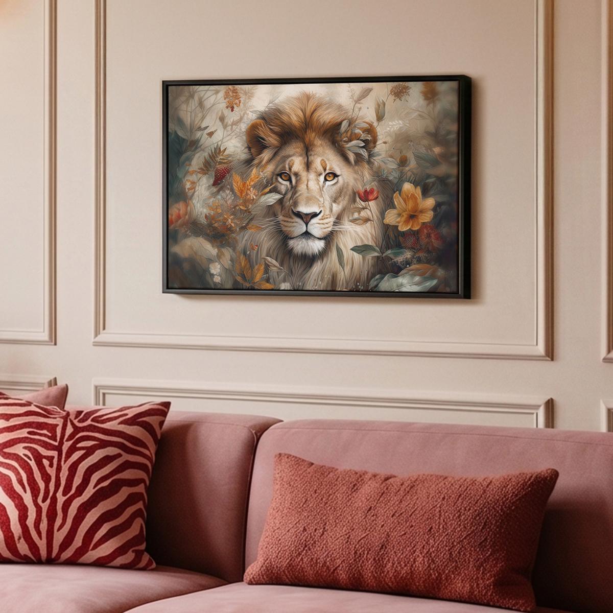 LEINWAND Bilder mit Rahmen - Löwe - Wildtiere - Pflanzen - Natur - Blumen - 60x40 - Beige, Textil (60/40cm) - MuchoWow