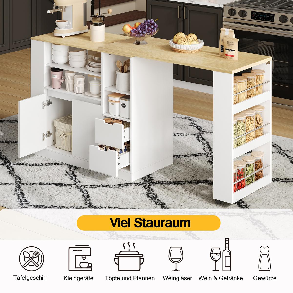BARTISCH kücheninsel ausziehbar holzoptik stauraum - Weiß, Holzwerkstoff (50/115/92cm) - Urban Meuble
