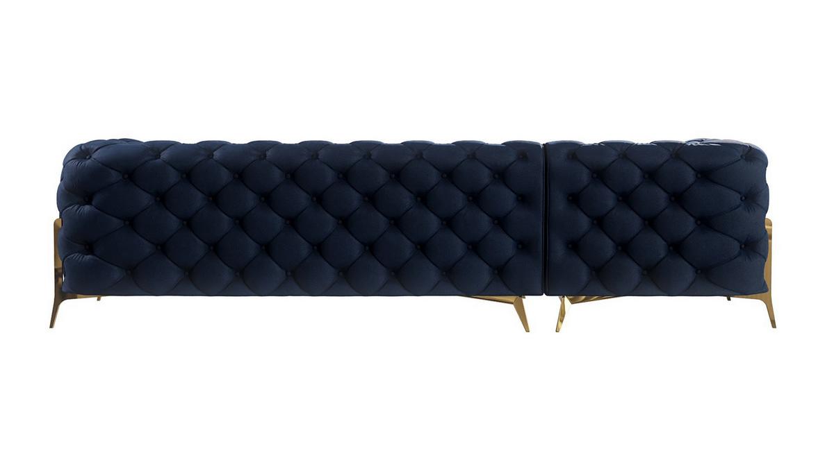 ECKSOFA Chesterfield Lexi Marineblau Samt, Ottomane links - Goldfarben/Dunkelblau, Holz/Textil (305/200cm) - S-Style