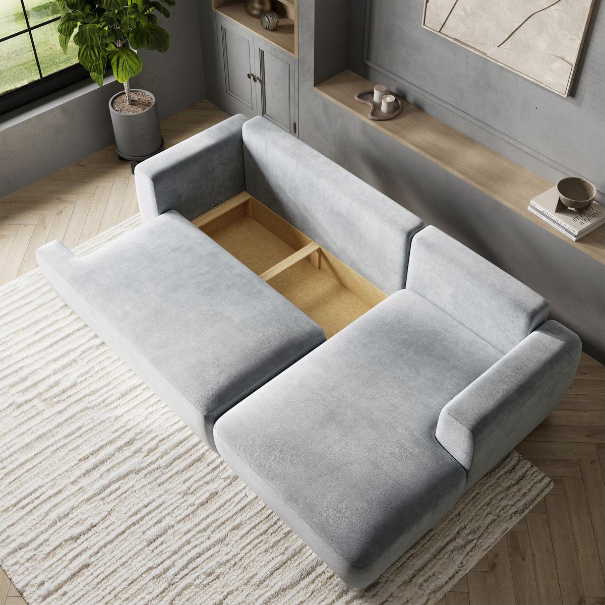 ECKSOFA SENTI K R-S Hellgrau Plüsch-Stoff mit Schlaffunktion - Hellgrau/Schwarz, Holz/Kunststoff (246/148cm) - MASSENO