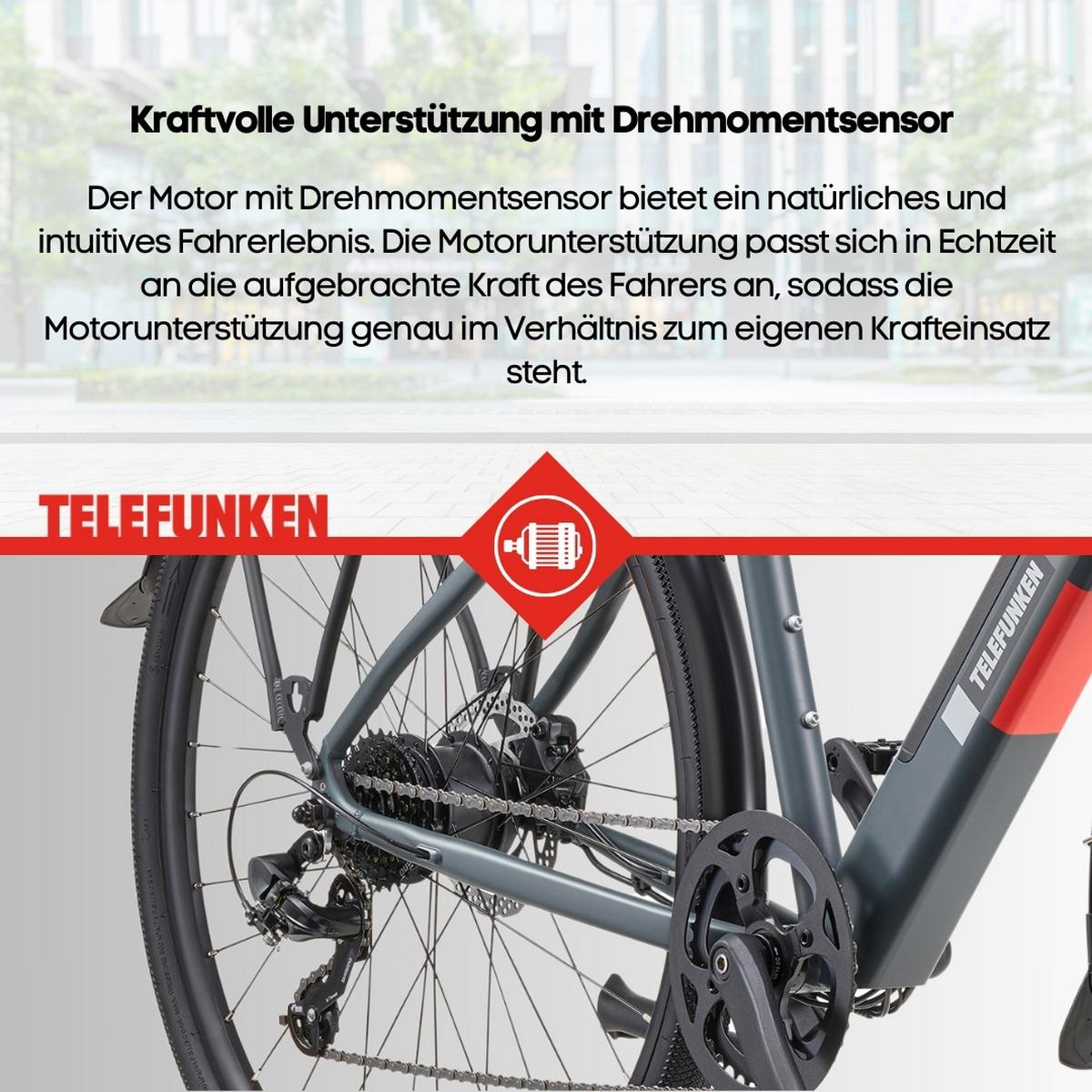 E-BIKE Urban UH210 Elektrofahrrad 28 Zoll Pedelec 417,6 Wh Hinterradmotor 7-Gang Kettenschaltung, leicht - Grau, Metall (111cm) - Telefunken