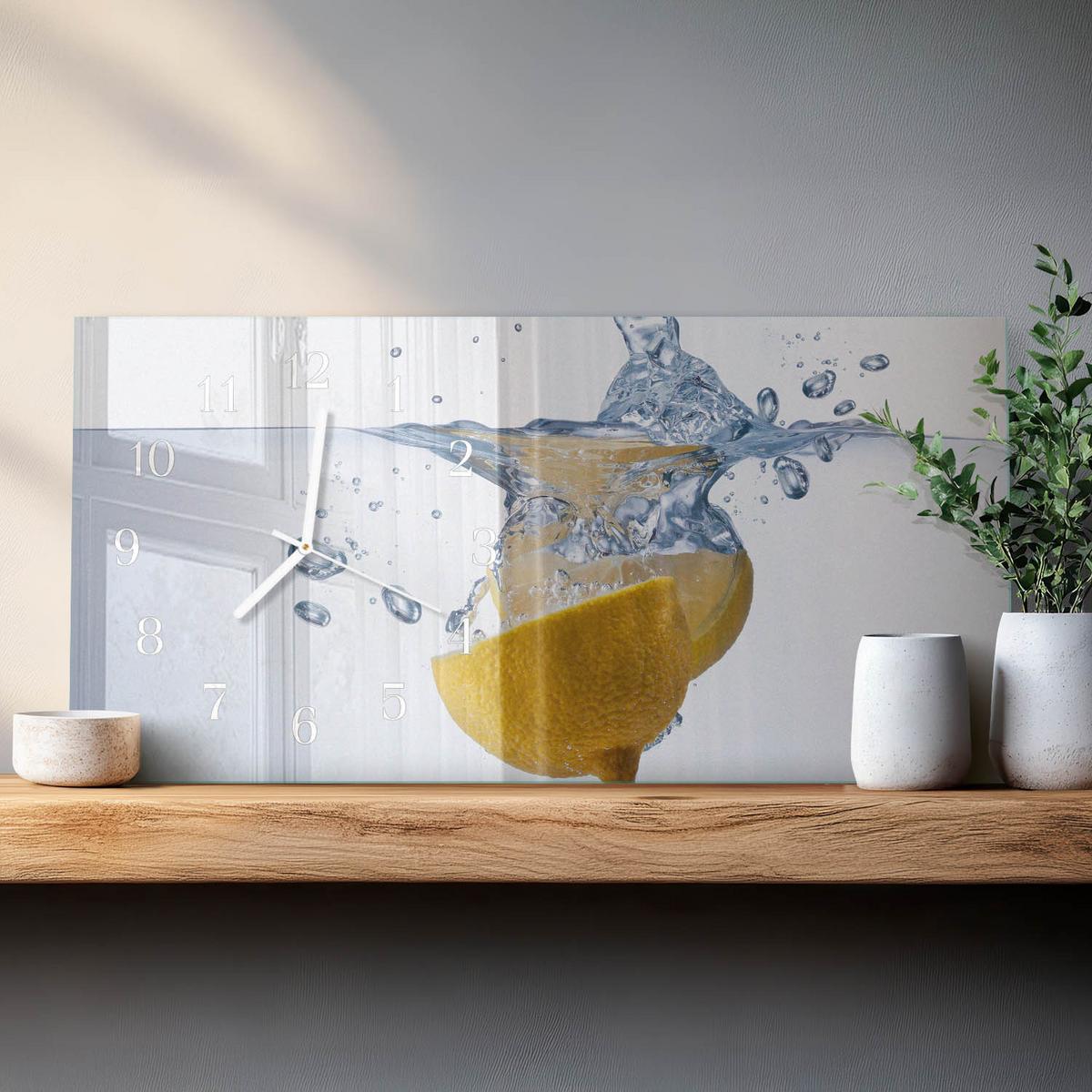 WANDUHR aus Glas 60x30 cm - Zitrone im Wasser - Blau, Glas (60/30/0.4cm) - TULUP