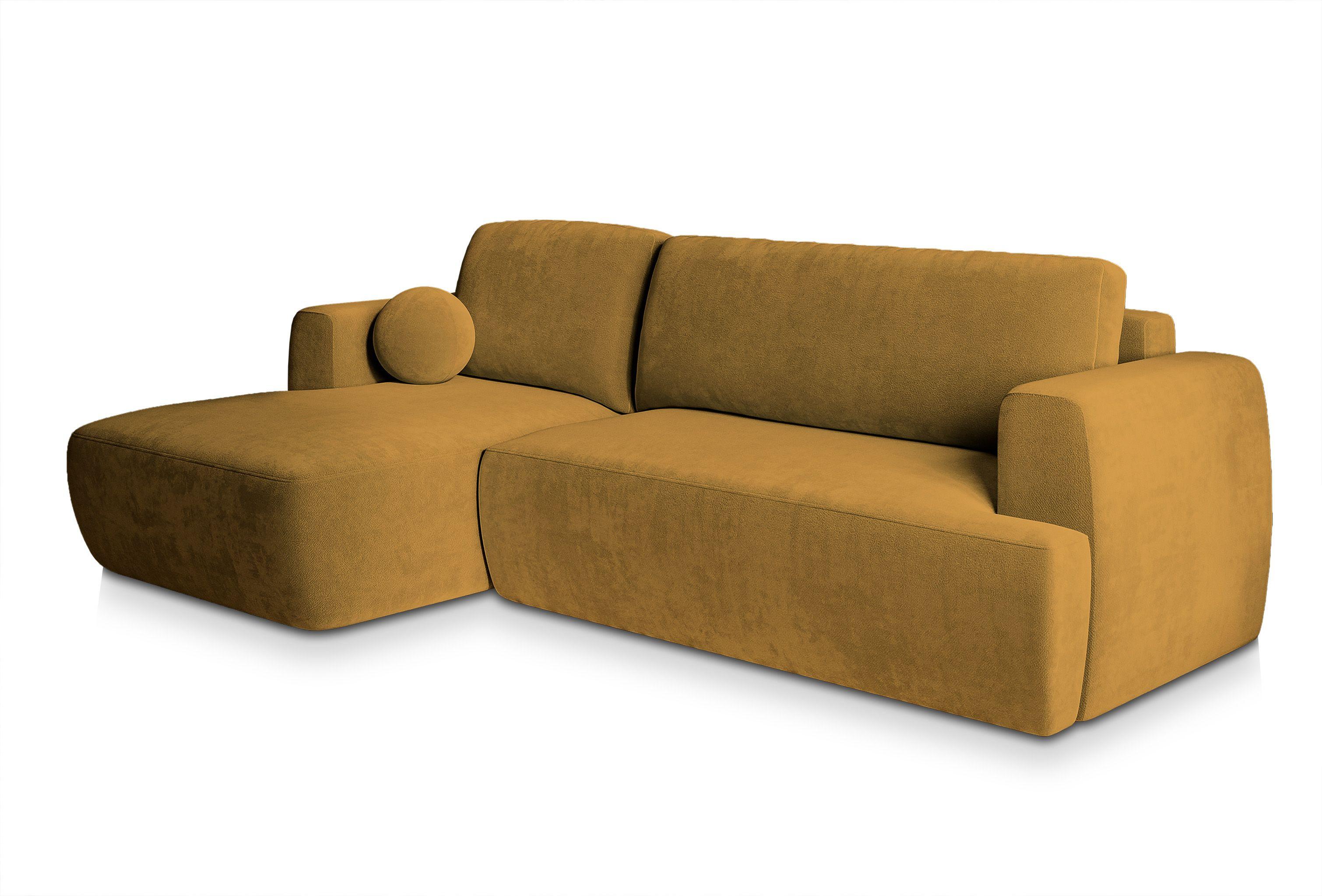 ECKSOFA SENTI K L-S Gelb Plüsch-Stoff mit Schlaffunktion - Gelb/Schwarz, Holz/Kunststoff (246/148cm) - MASSENO