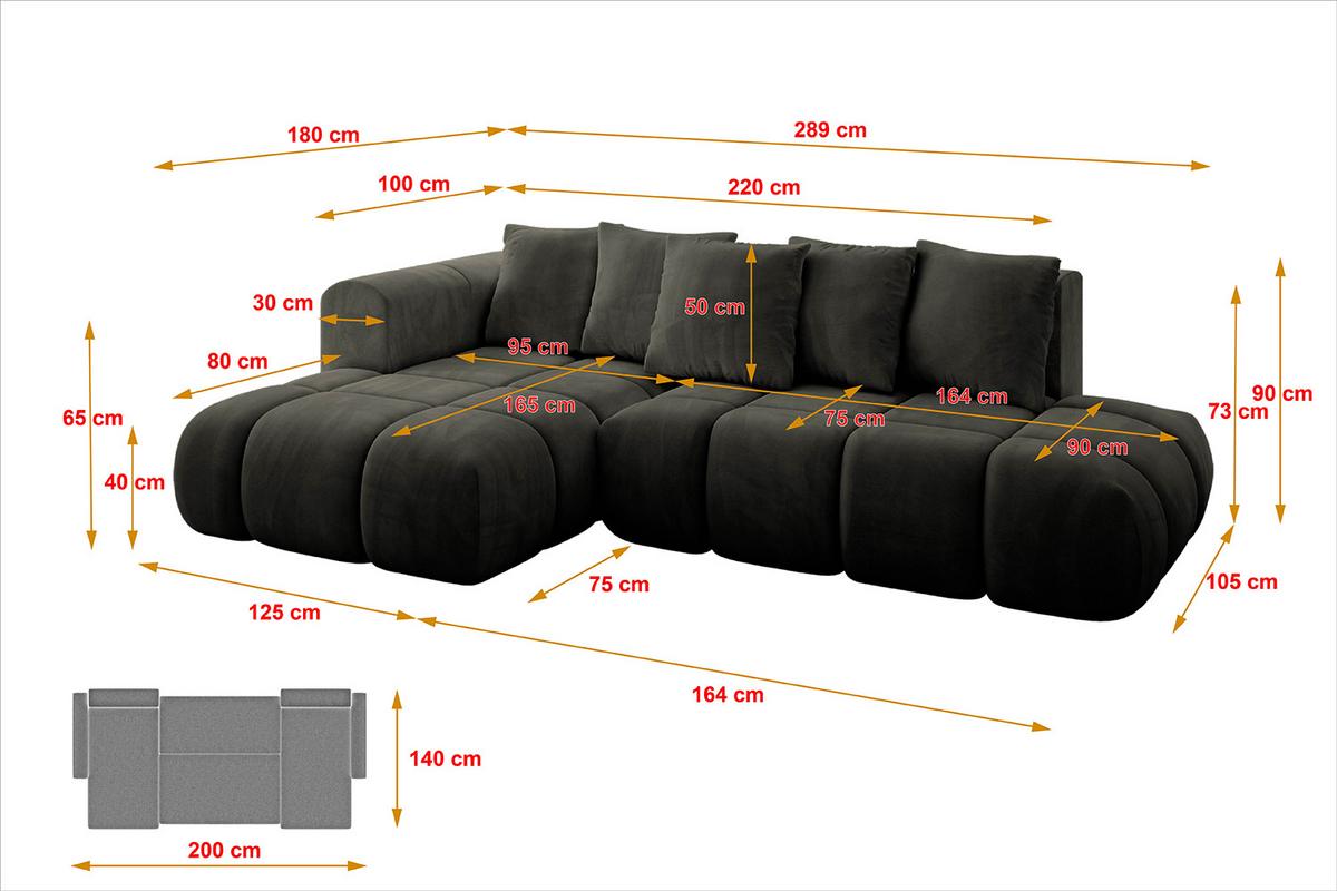 ECKSOFA Ottomane Links CLOUD-L-v1 280x185x90 Schwarz Velours - Schwarz, Holzwerkstoff/Kunststoff (180/289cm) - ALTDECOR