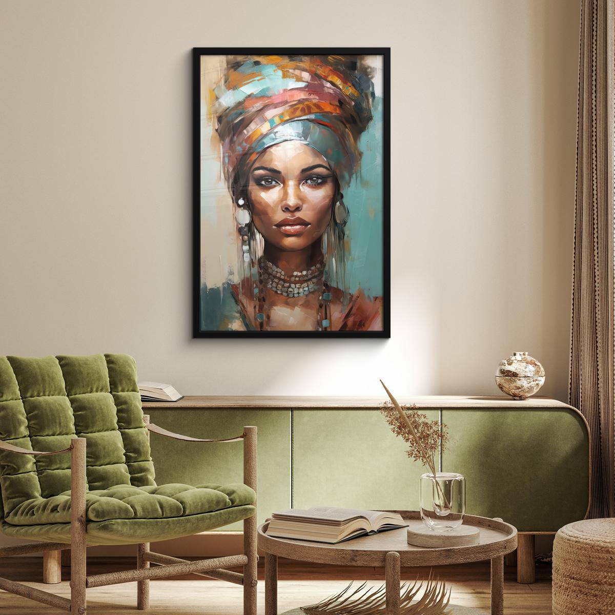 POSTER MIT RAHMENGERAHMTES BILD Frau - Kunst - Schmuck - Porträt 60x90 cm - Blaugrau, Papier (60/90cm) - MuchoWow