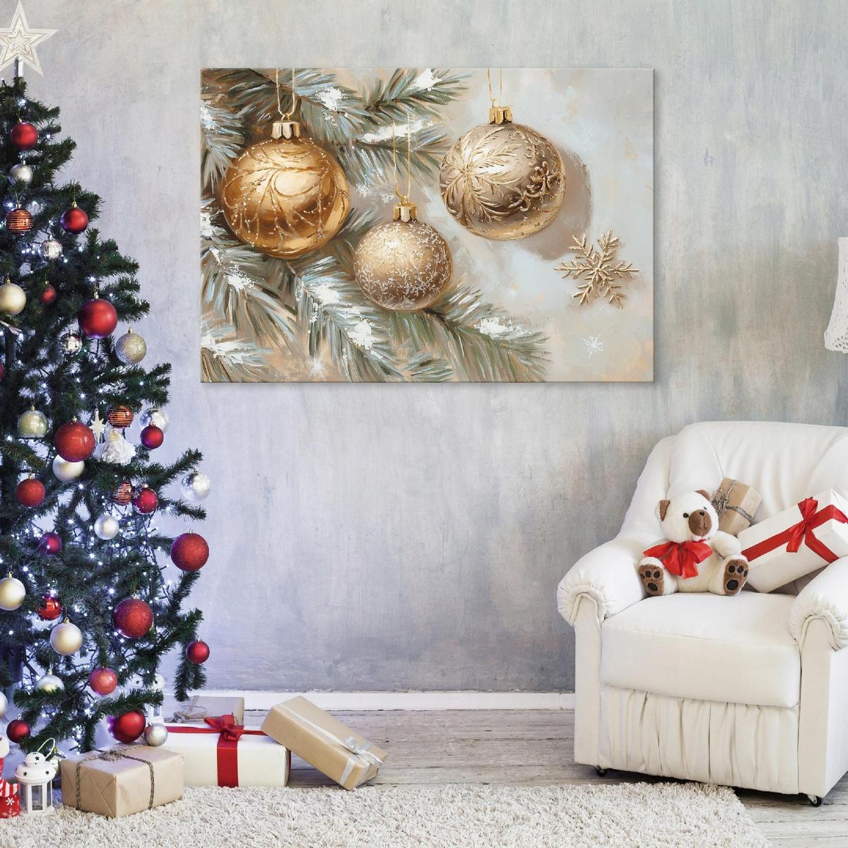 LEINWANDBILD Weihnachtsbaum Weihnachtskugeln Beige 100x70 cm - Multicolor, Holzwerkstoff (100/70cm) - Wallarena