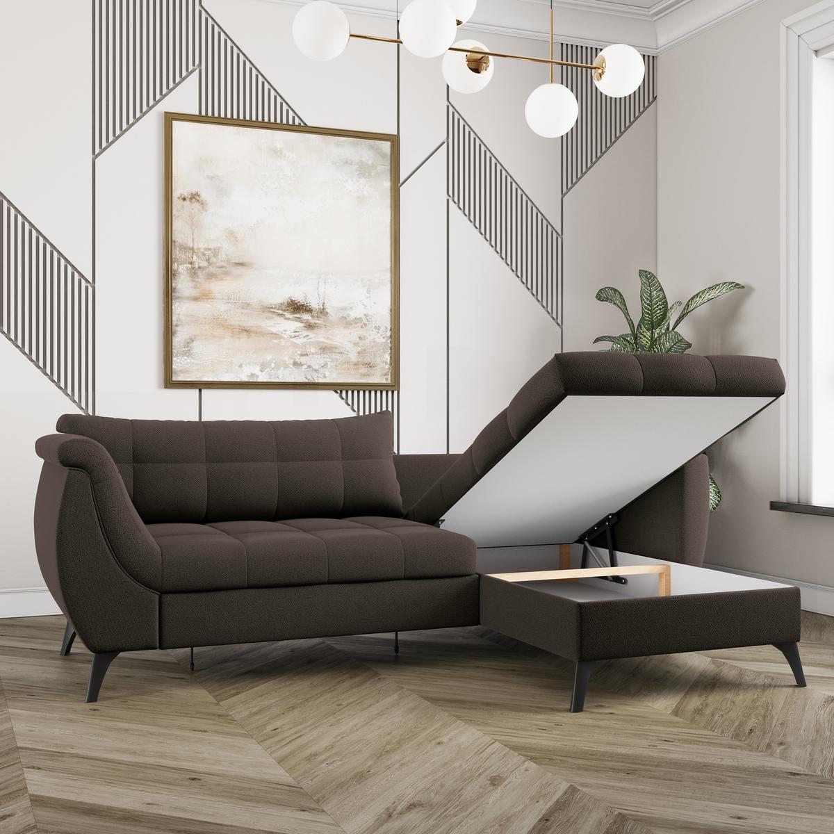 ECKSOFA MOLLIS Braun Geflochtener-Stoff mit Schlaffunktion - Braun, Holz (241/154cm) - MASSENO