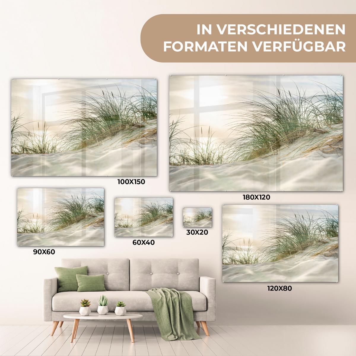 ACRYLGLASBILD Dünen mit Strandhafer in der Sonne des Nationalparks Schleswig-Holsteinisches Wattenmeer Wandbild Schlafzimmer 120x80 cm - Creme, Glas (120/80cm) - MuchoWow