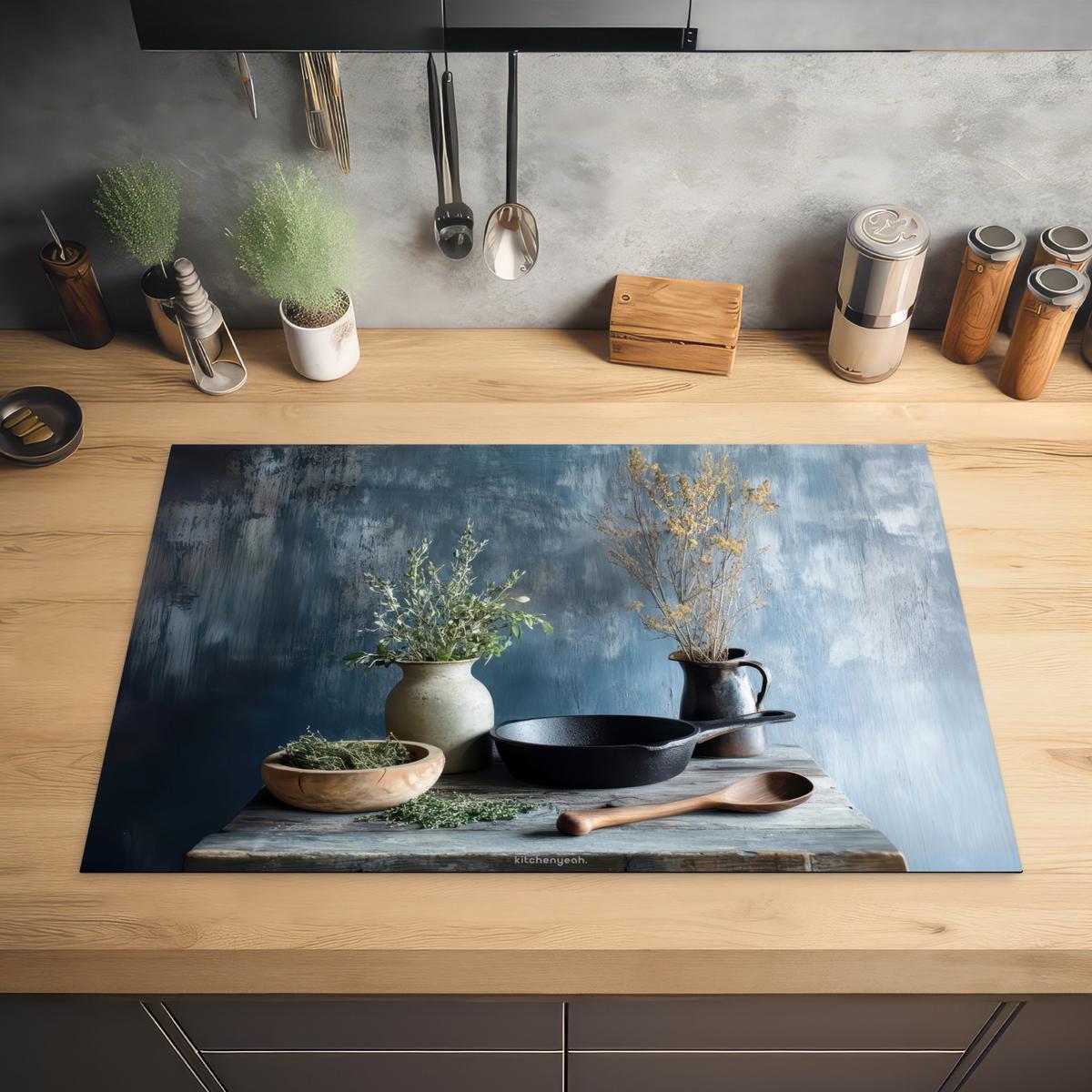 HERDABDECKPLATTE Stilleben - Kräuter - Rustikal Induktionsmatte 81x52 cm - Blaugrau, Kunststoff (81/52/0.2cm) - MuchoWow