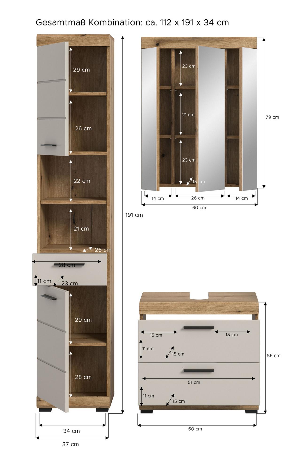 BADMÖBEL-SET Sand Kaschmir, Evoke Eiche, Badkombination 112 cm 3-teilig - Kaschmir/Eichefarben, Glas/Holzwerkstoff (112/191/34cm) - Inn.Furn