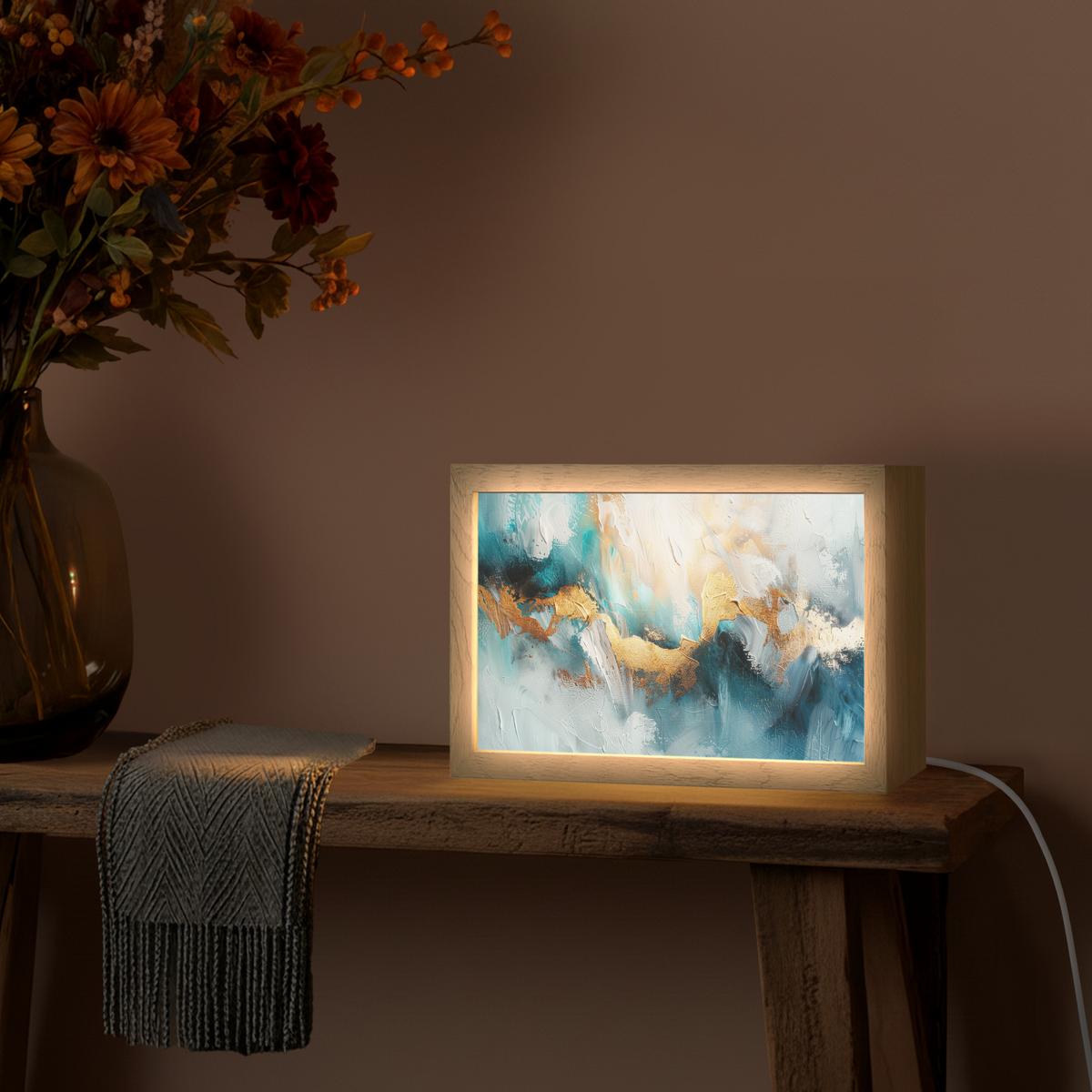 TISCHLEUCHTE Abstrakt - Kunst - Gold - Blau 30x20 cm - Aubergine, Holzwerkstoff (8/30/20cm) - OnlyWow