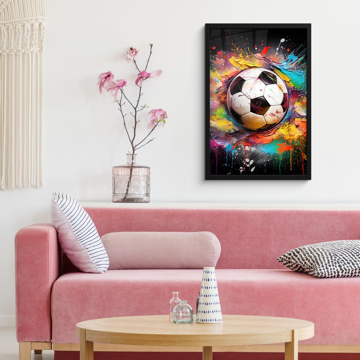 POSTER MIT RAHMEN Fußball - Farbe - Farben - Schwarz - Weiß Bilder mit Rahmen 40x60 cm - Weiß, Papier (40/60cm) - MuchoWow